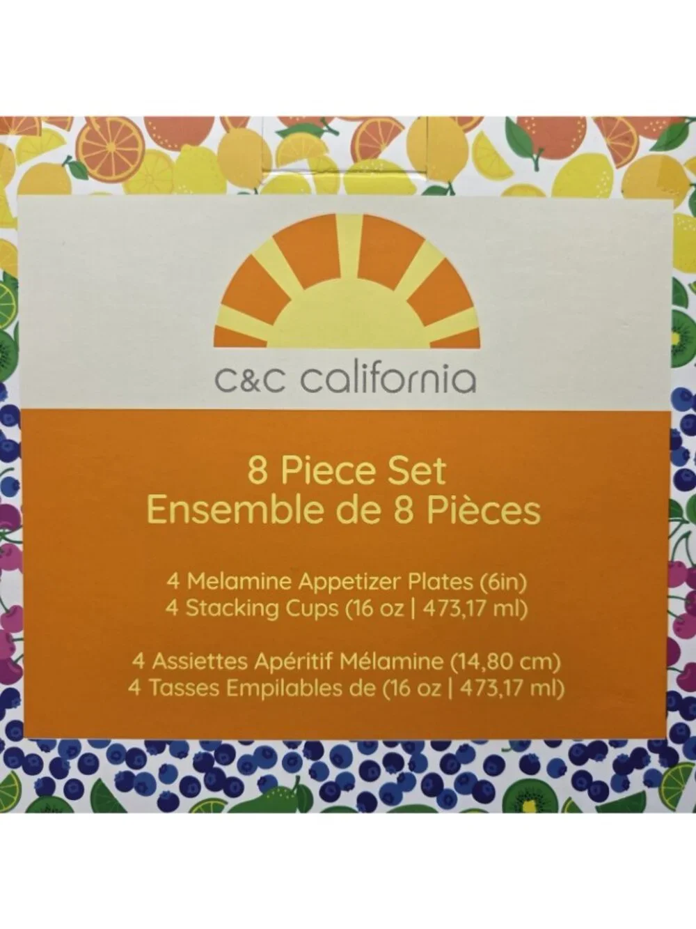 NWT C&C California Home 8 Pc Fruit Melamine Plate & Cup Set Rainbow Unopened